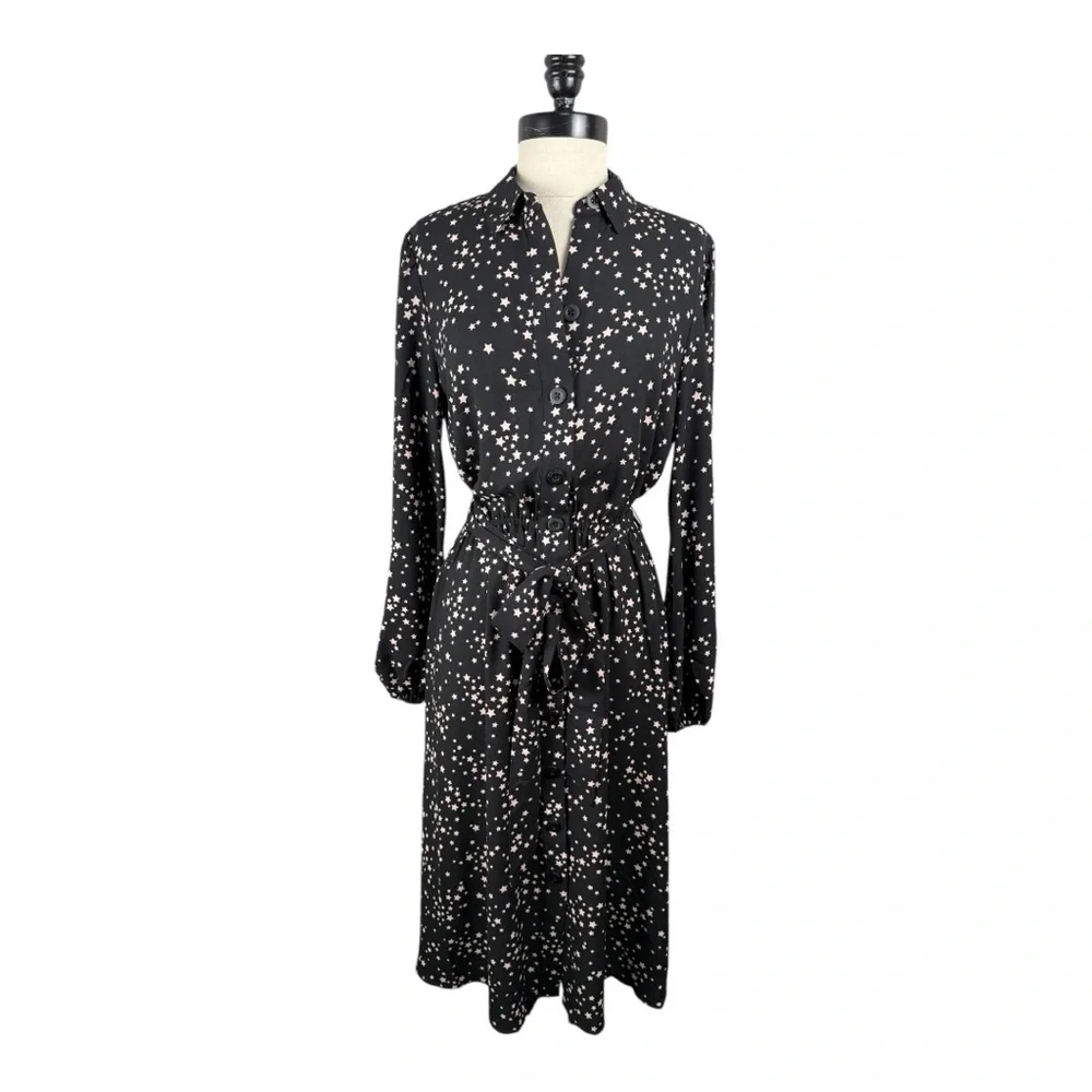 Kate Spade New York Star Print Shirt Dress Black Pink Tie Waist Ruffle Hem NWT 6